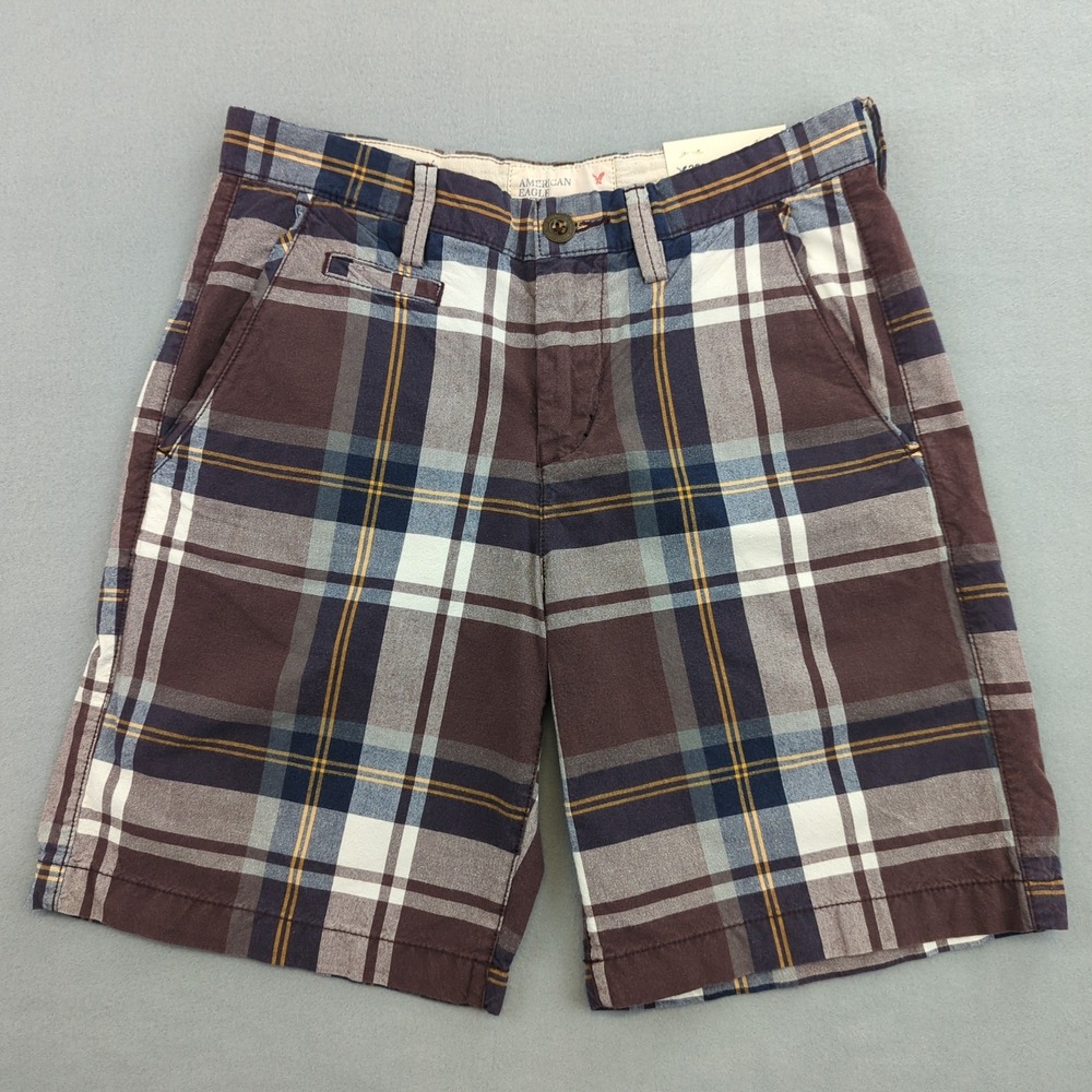 American Eagle‎ Prep Fit Chino Shorts Mens 30 Brown Plaid 9" Preppy Classic New